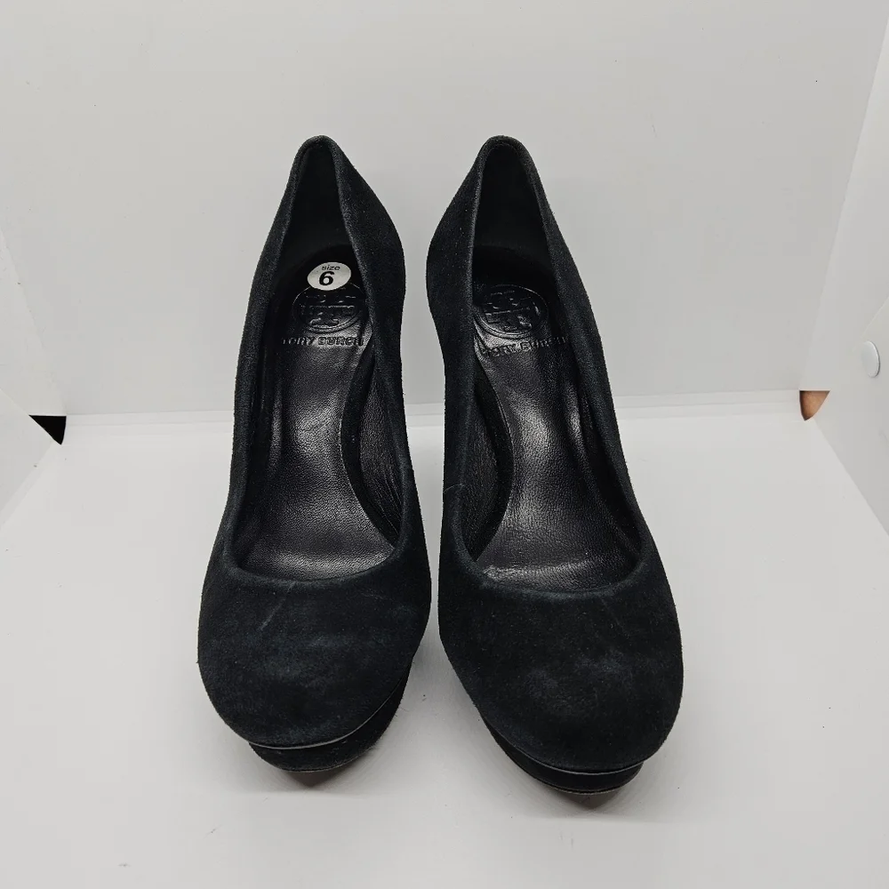 Tory Burch black suede Camille platform stiletto heels size 6